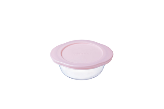 Glazen babypotje met roze en blauw deksel- My First Pyrex®+