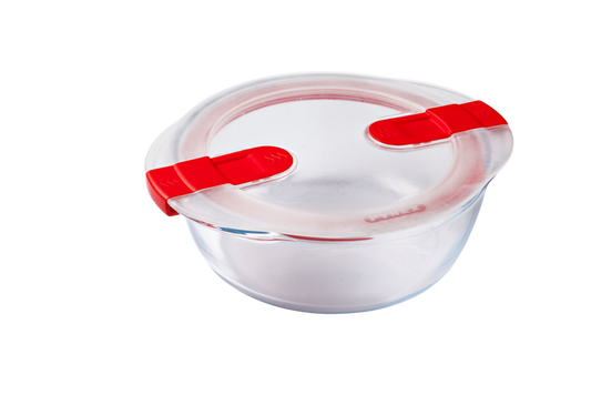 Round glass dish with steam valve lid - Cook & Heat