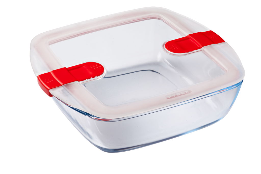 Square glass dish with steam valve lid - Cook & Heat