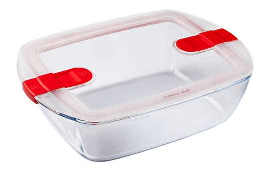 Rectangular glass dish with steam valve lid - Cook & Heat