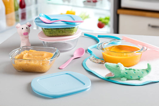 Set van 7 glazen babypotjes met lekvrij deksel - My First Pyrex®+