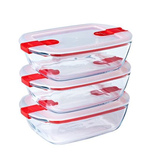 Set di 3 lunch box per microonde in vetro con coperchio con valvola a vapore - multiforma -Cook & Heat