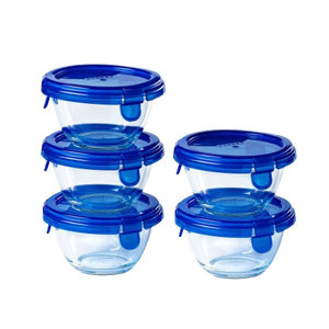 Set van 5 My First Pyrex®+ glazen voorraadpotten met marineblauw deksel