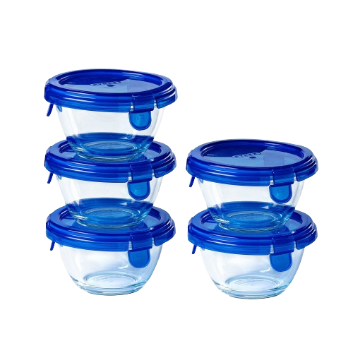 Set of 5 My First Pyrex+ baby glass storage jars with navy blue lid