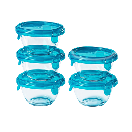 Set of 5 My First Pyrex+ baby glass storage jars with navy blue lid