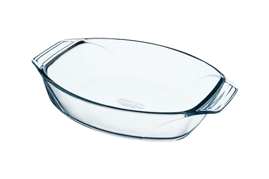 Oval glass baking dish with large handles