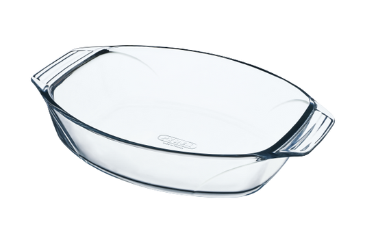 Oval glass baking dish with large handles