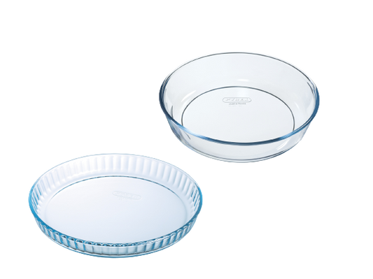 Set of 2 bakeware - 26cm round cake dish + 28cm Glass Tart tin - Bake & Enjoy