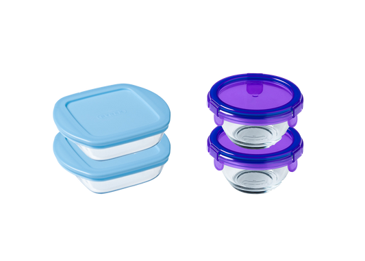 Set van 4 speciale glazen voorraadpotjes voor baby's - 2 vierkantjes om te bewaren + 2 rondjes om mee te nemen - My First Pyrex®+ en My First Pyrex®+.