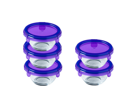 Set aus 5 Babygläsern aus Glas mit auslaufsicherem Deckel in marineblau violett - My First Pyrex®+