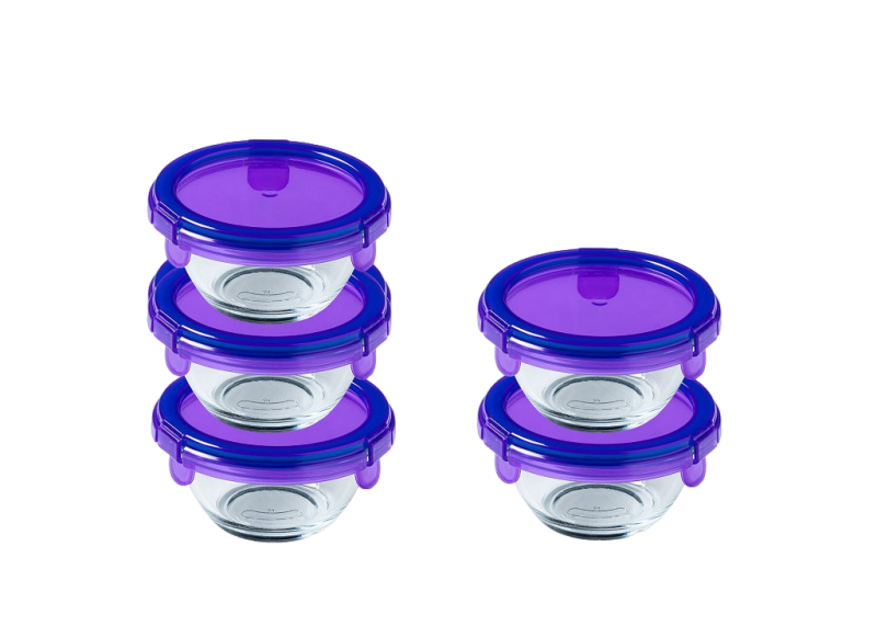 Set aus 5 Babygläsern aus Glas mit auslaufsicherem Deckel in marineblau violett - My First Pyrex®+